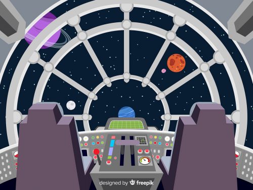 Space Ship Cockpit Interior in Outer Space Background