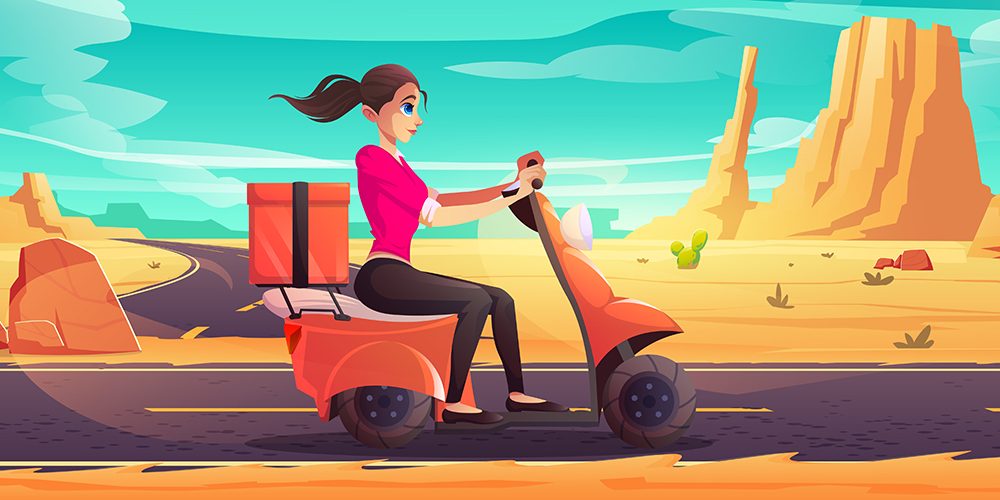 Young Woman Ride Scooter Vector Illustration