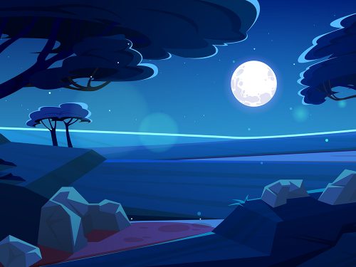 African Savanna at Night with Full Moon and Stars Free Vector Illustration