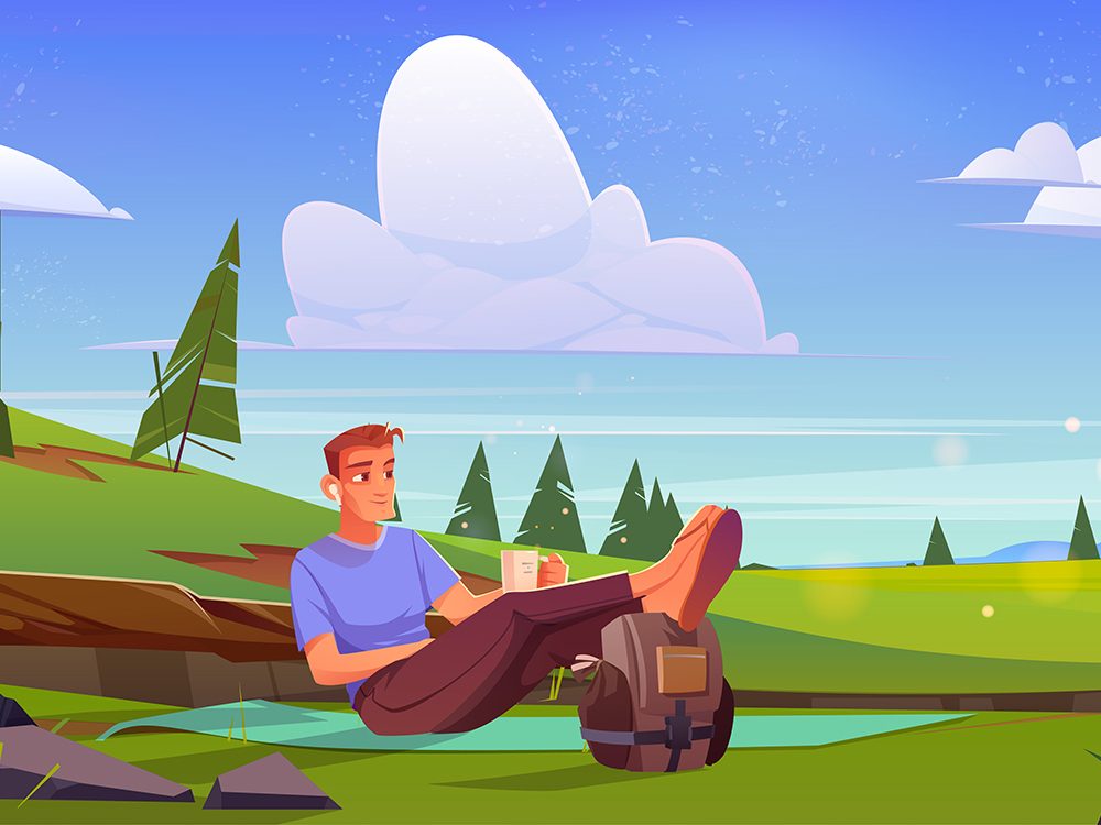 Man Relax Sitting on Mat on Green Meadow Illustration