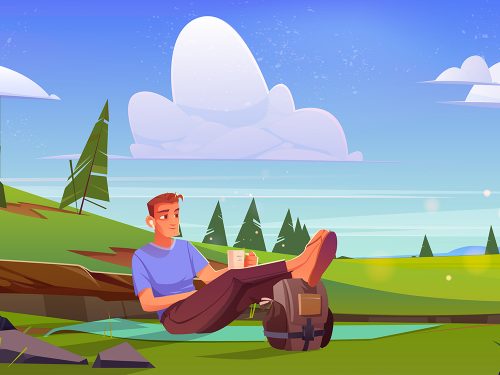 Man Relax Sitting on Mat on Green Meadow Illustration