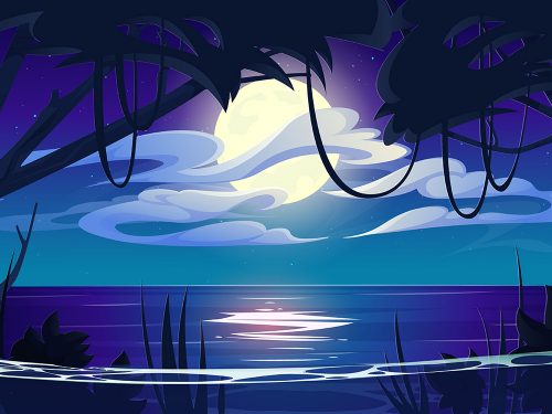 Night Ocean Landscape with Full Moon and Stars Shine Free Vector Illustration