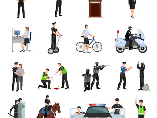 Police People in Office and Outside Icons Set