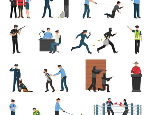 Police Team Training Flat Icons Set