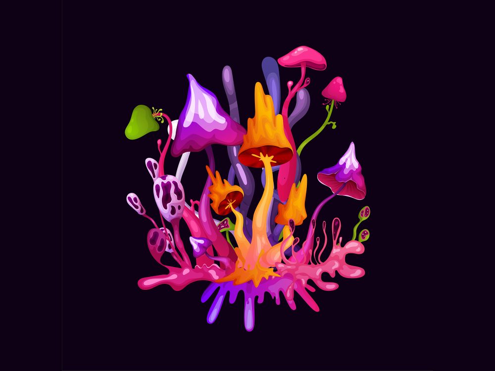 Psychedelic Cartoon Fluorescent Mushrooms Free Illustration