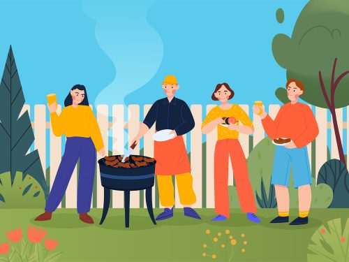 Barbecue Party in Country Flat Illustration
