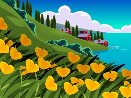 Flat Design Flower Field Illustration