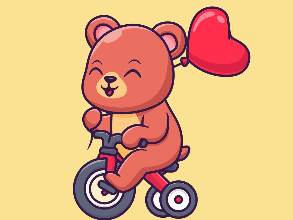 Cute Bear Riding Bicycle with Love Heart Balloon Cartoon Illustration
