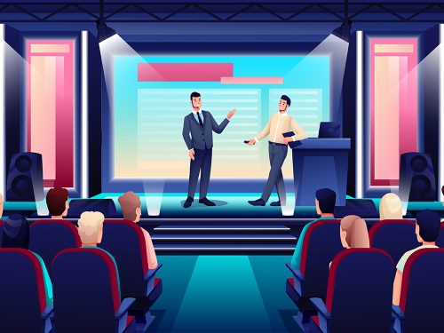 Hall Speaker on Podium Giving Presentation Illustration