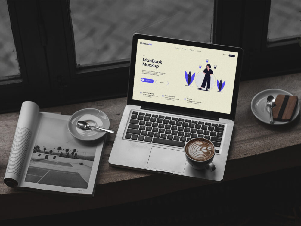 MacBook in Cafe Free Mockup