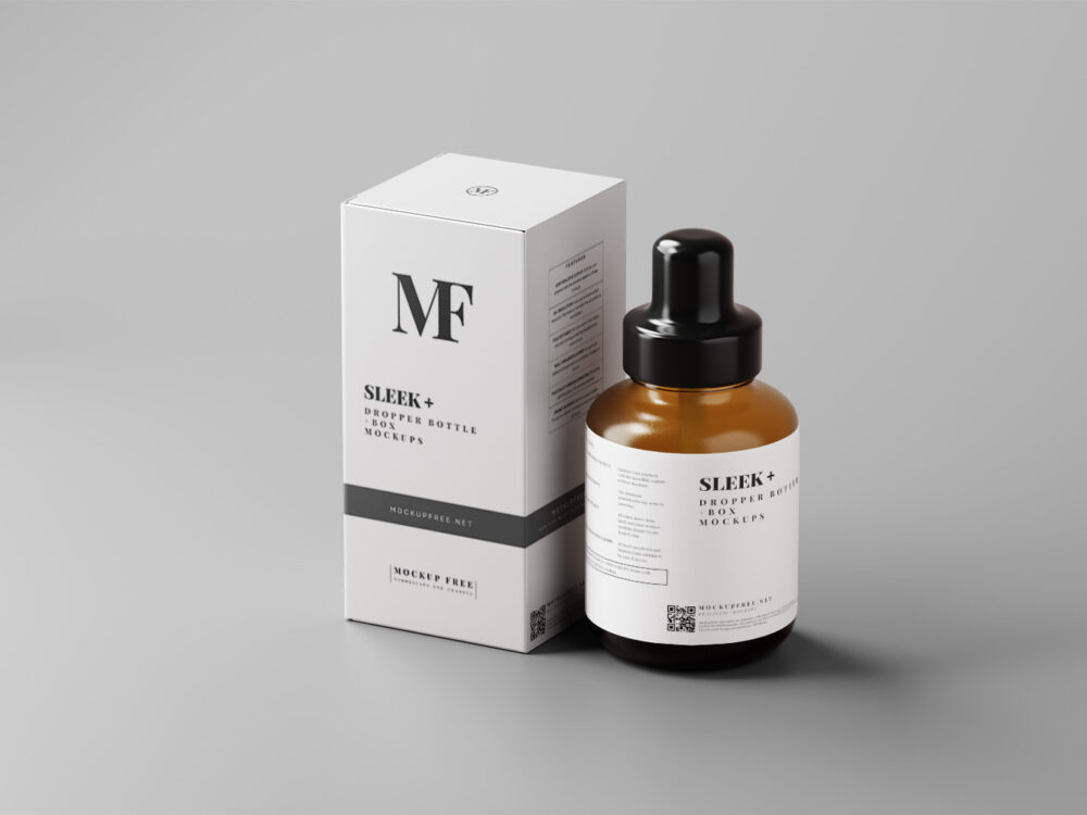 Sleek Cosmetic Dropper Bottle Packaging with Box Free Mockups