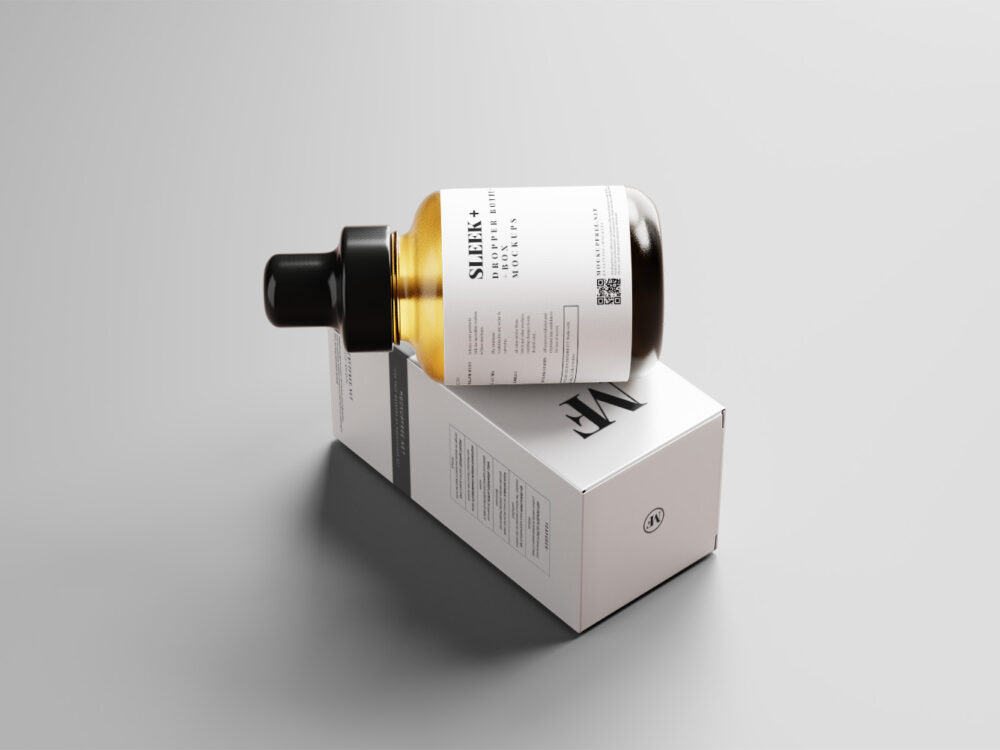 Sleek Cosmetic Dropper Bottle Packaging with Box Free Mockups