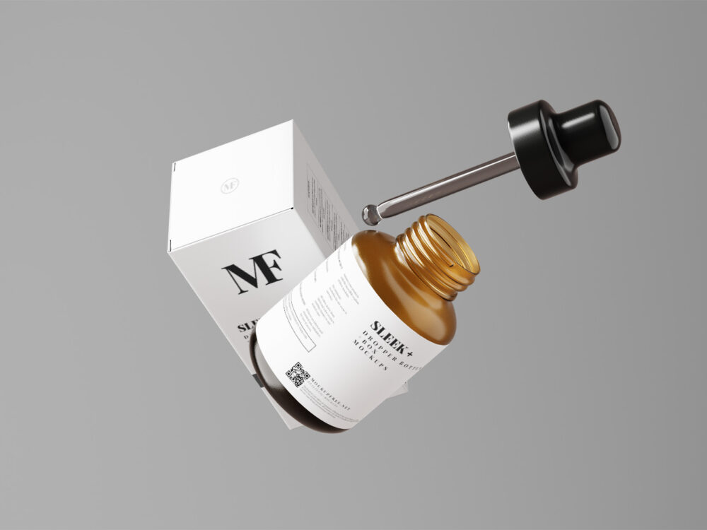 Sleek Cosmetic Dropper Bottle Packaging with Box Free Mockups
