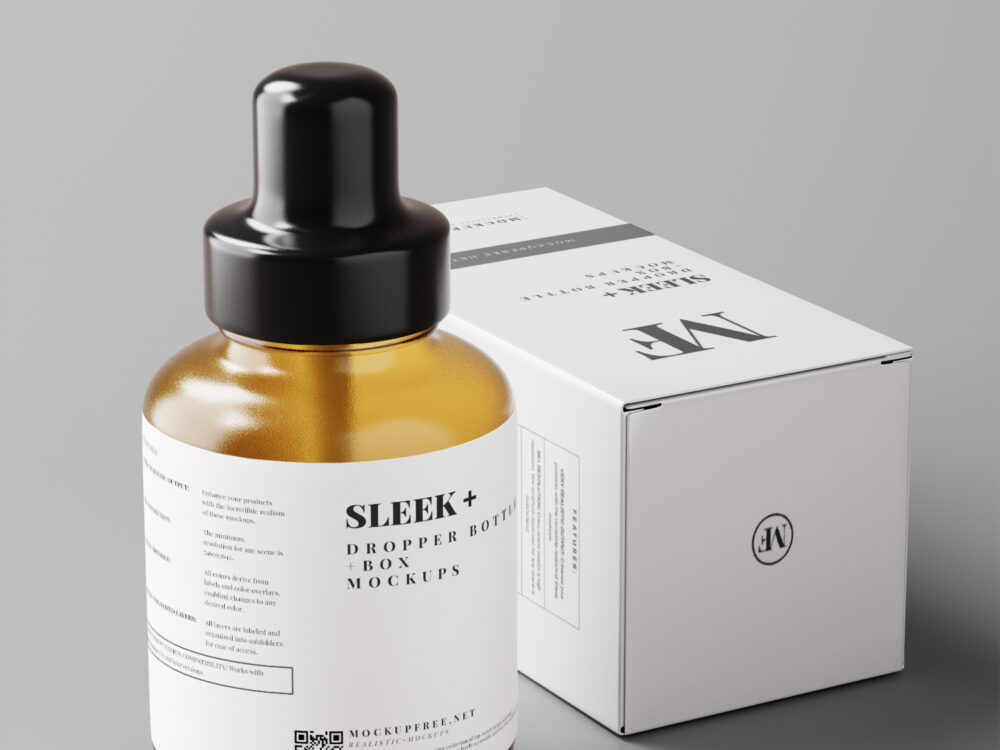 Sleek Cosmetic Dropper Bottle Packaging with Box Free Mockups